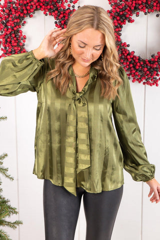 Put A Bow On It Satin Green Striped Blouse-Mystree-L. Mae Boutique