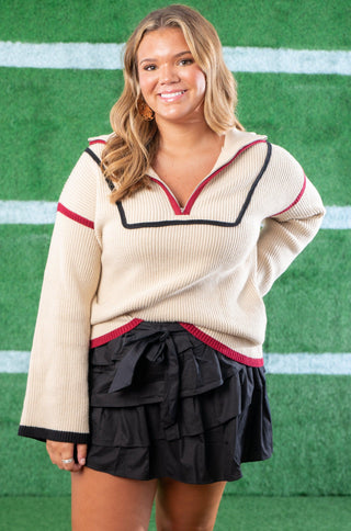 Quarterback Keeper Garnet and Black Contrast Quarter Zip Sweater-Tops-Lula the Label-L. Mae Boutique & Wild Mabel Clothing