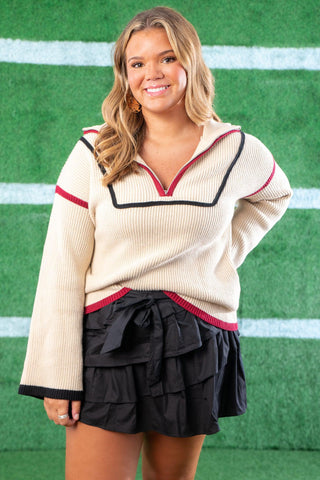 Quarterback Keeper Garnet and Black Contrast Quarter Zip Sweater-Tops-Lula the Label-L. Mae Boutique & Wild Mabel Clothing