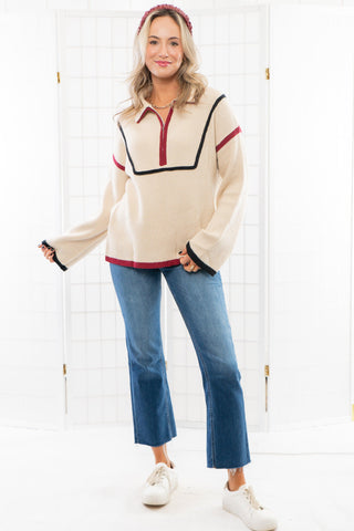 Quarterback Keeper Garnet and Black Contrast Quarter Zip Sweater-Tops-Lula the Label-L. Mae Boutique & Wild Mabel Clothing