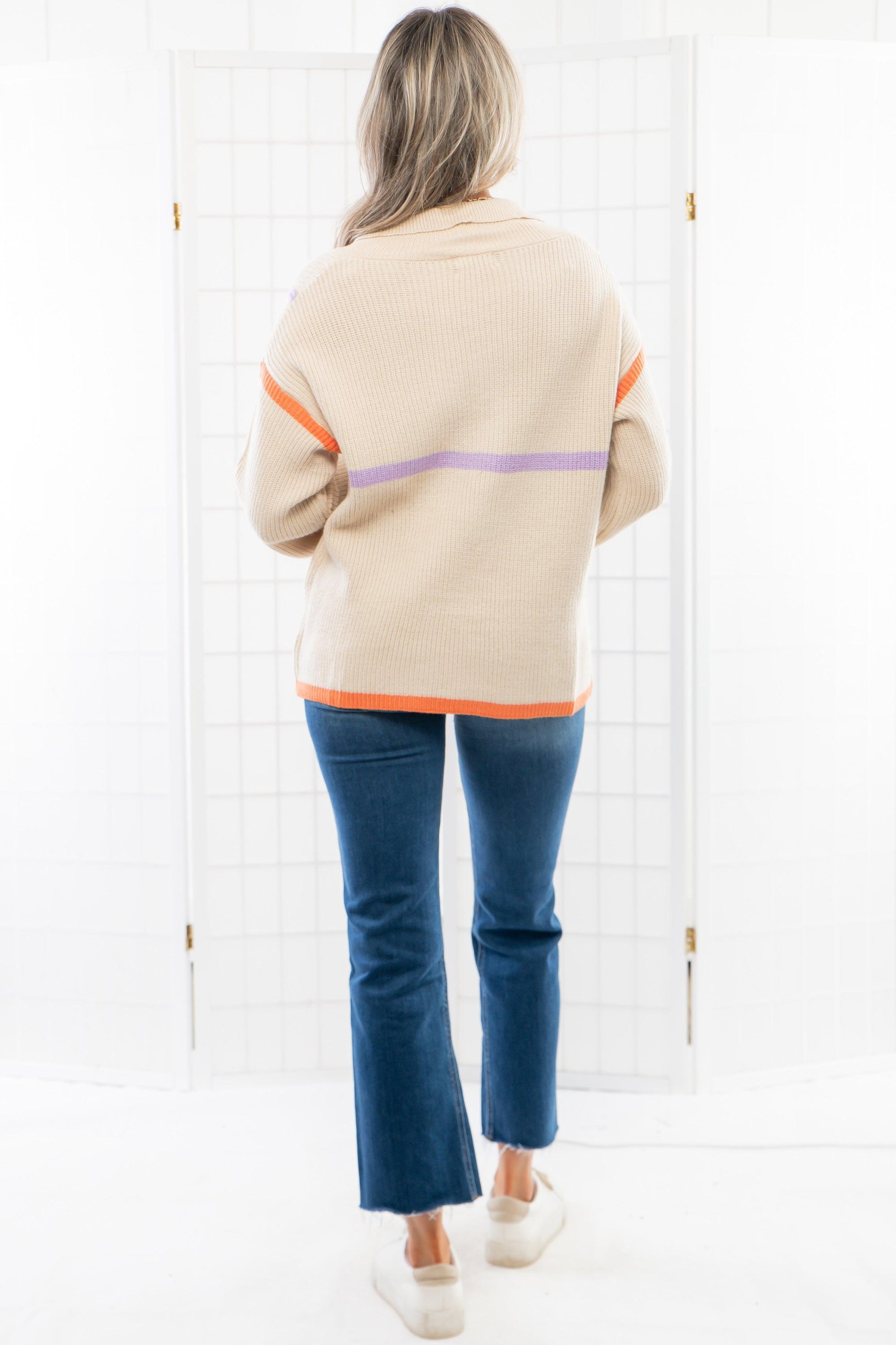 Quarterback Keeper Orange and Purple Contrast Quarter Zip Sweater-Tops-Lula the Label-L. Mae Boutique &amp; Wild Mabel Clothing