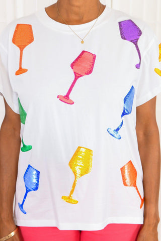 Queen Of Sparkles White Multi Wine Glass Tee-Tops-Queen of Sparkles-L. Mae Boutique & Wild Mabel Clothing