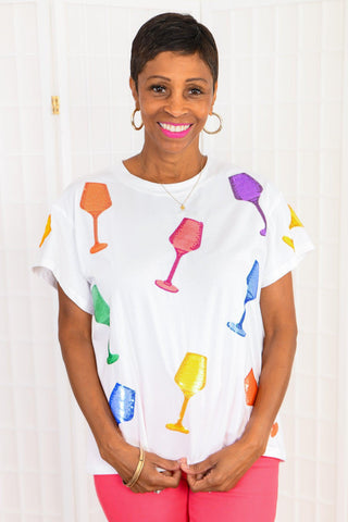 Queen Of Sparkles White Multi Wine Glass Tee-Tops-Queen of Sparkles-L. Mae Boutique & Wild Mabel Clothing