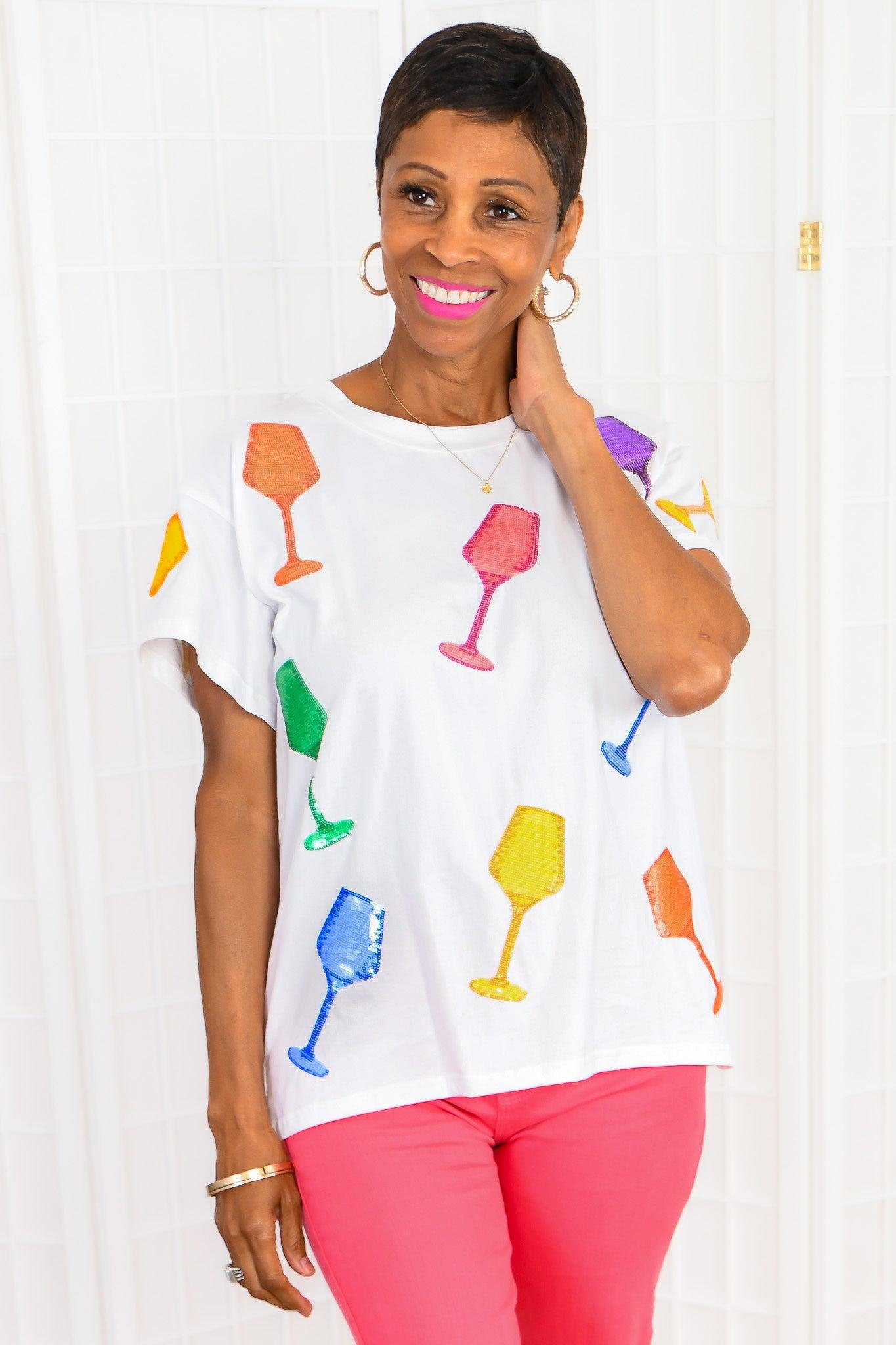 Queen Of Sparkles White Multi Wine Glass Tee-Tops-Queen of Sparkles-L. Mae Boutique & Wild Mabel Clothing