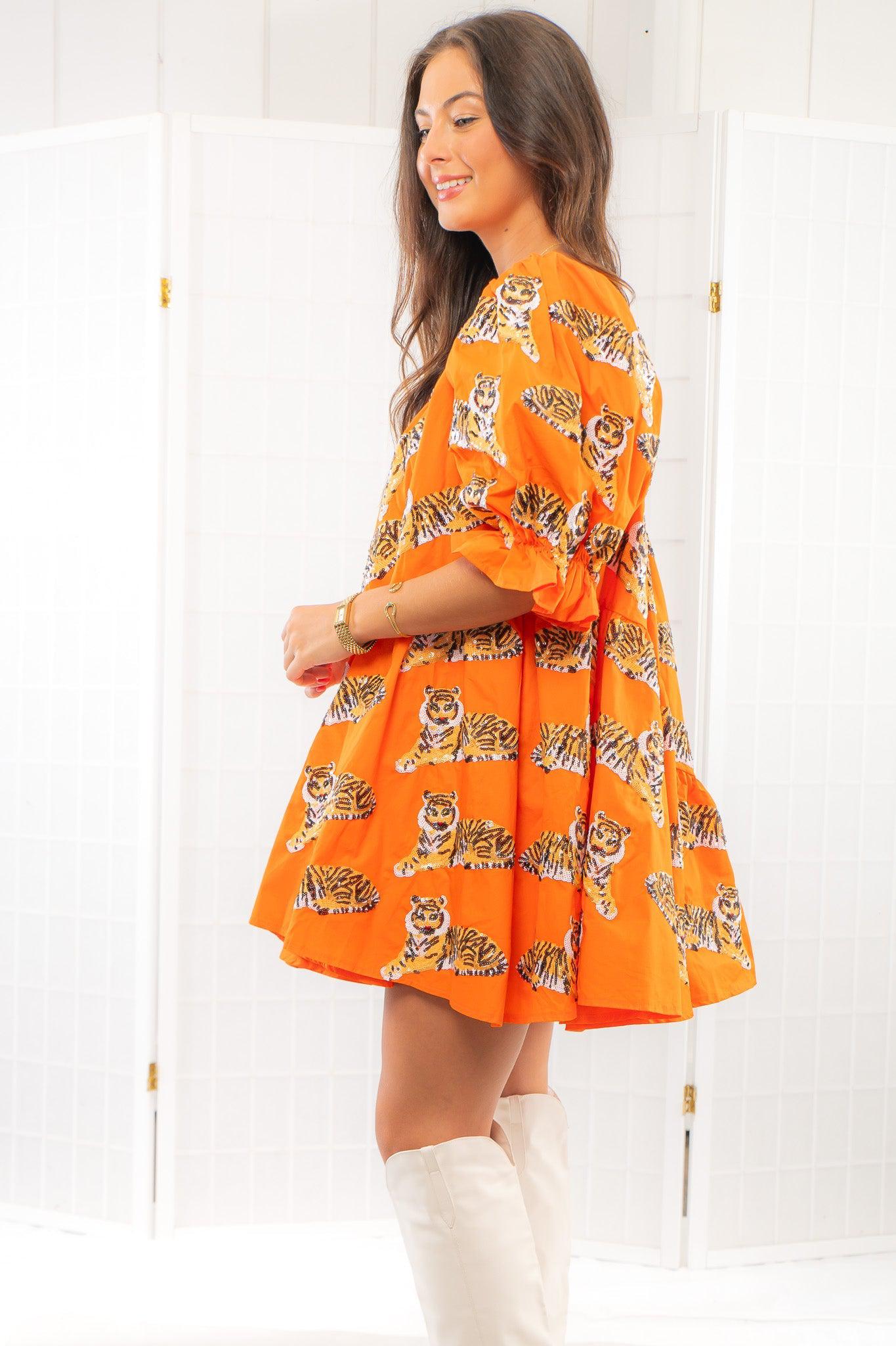 Queen of Sparkles Asymmetrical Orange Tiger Dress-Dresses-Queen of Sparkles-L. Mae Boutique & Wild Mabel Clothing