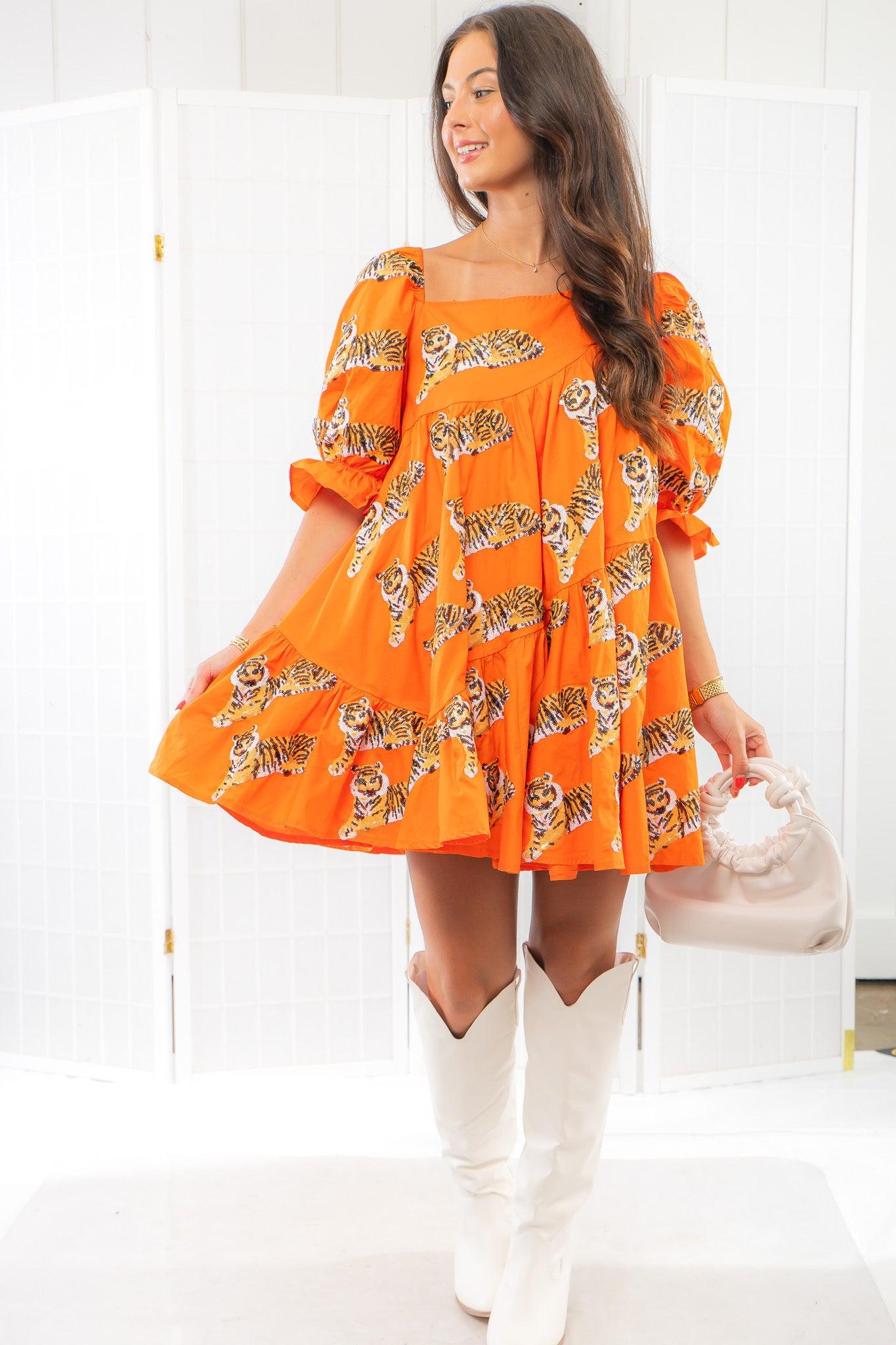 Queen of Sparkles Asymmetrical Orange Tiger Dress-Dresses-Queen of Sparkles-L. Mae Boutique &amp; Wild Mabel Clothing