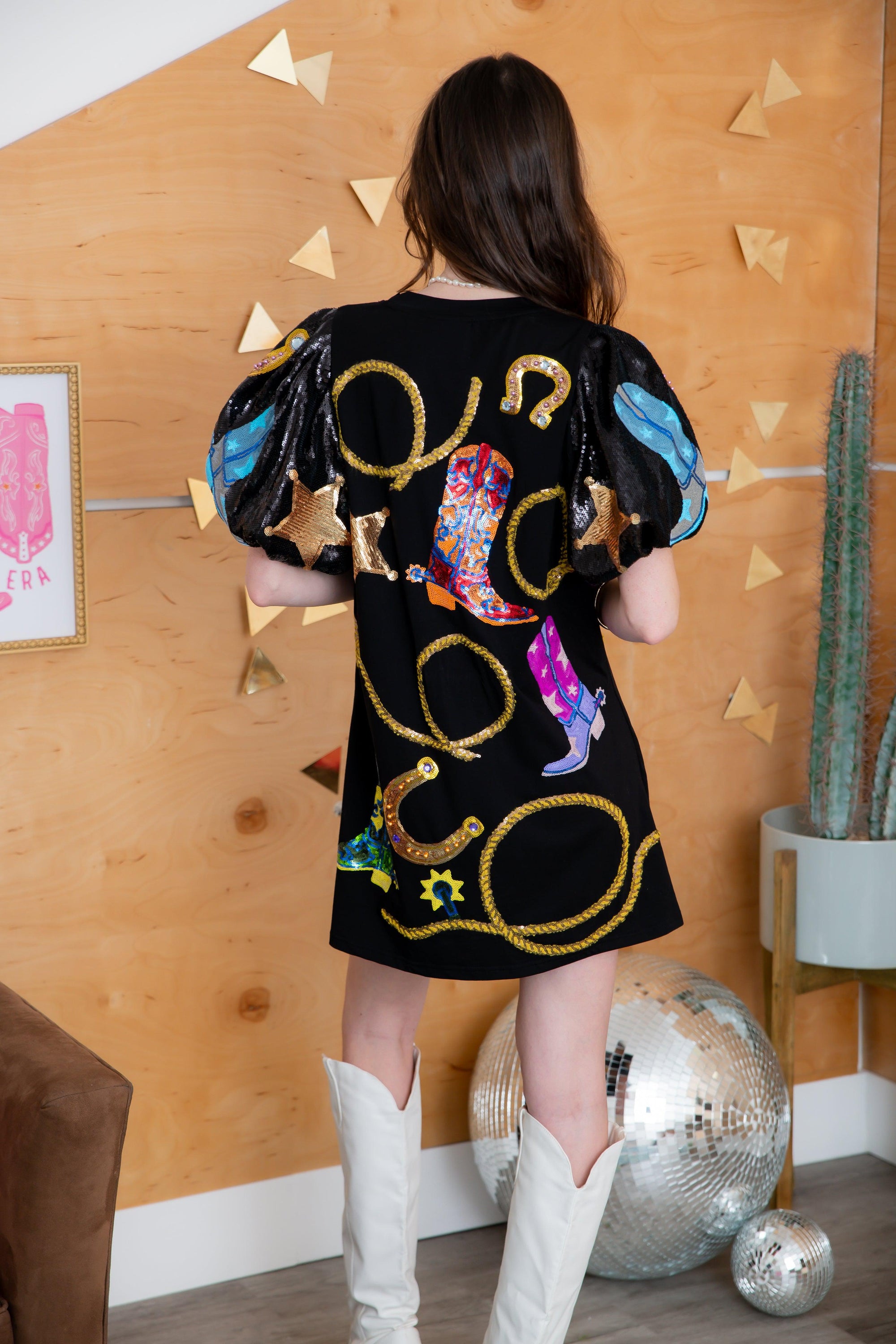 Queen of Sparkles Black Cowgirl Icon Poof Sleeve Dress-Dresses-Queen of Sparkles-L. Mae Boutique &amp; Wild Mabel Clothing