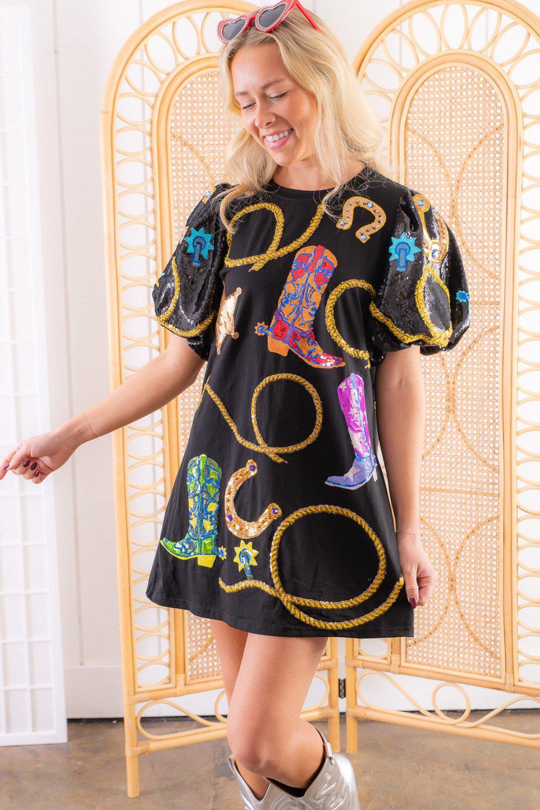 Queen of Sparkles Black Cowgirl Icon Poof Sleeve Dress-Dresses-Queen of Sparkles-L. Mae Boutique &amp; Wild Mabel Clothing