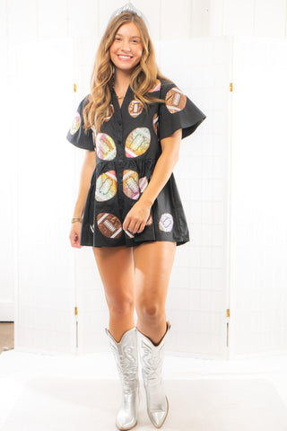 Queen of Sparkles Black Iridescent Football Romper-Onesies-Queen of Sparkles-L. Mae Boutique & Wild Mabel Clothing