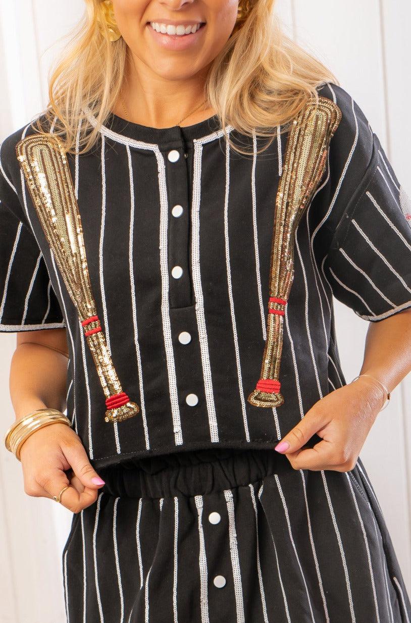 Queen of Sparkles Black & White Baseball Pinstripe Button Up Top-Tops-Queen of Sparkles-L. Mae Boutique & Wild Mabel Clothing