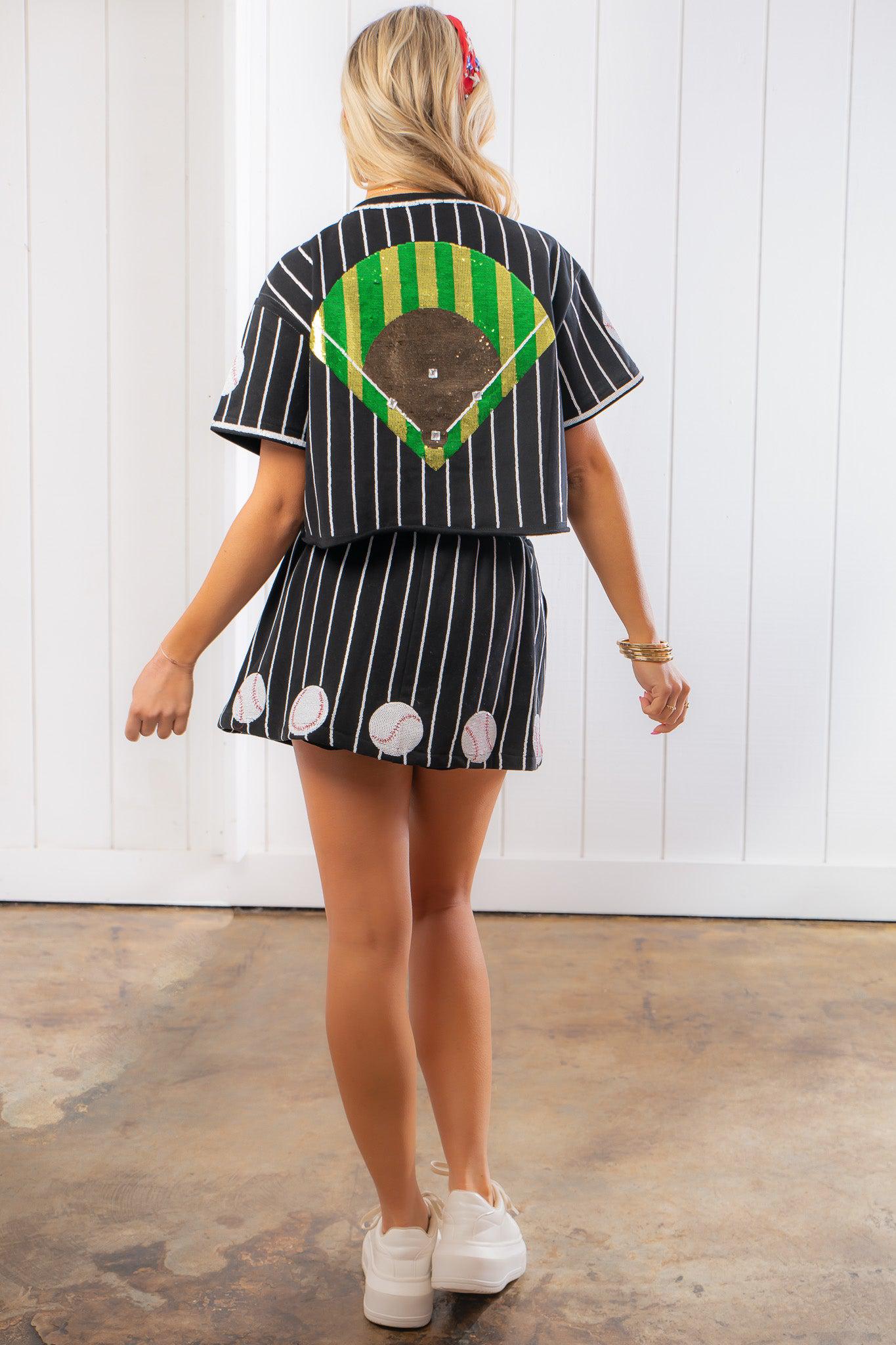 Queen of Sparkles Black &amp; White Baseball Pinstripe Button Up Top-Tops-Queen of Sparkles-L. Mae Boutique &amp; Wild Mabel Clothing