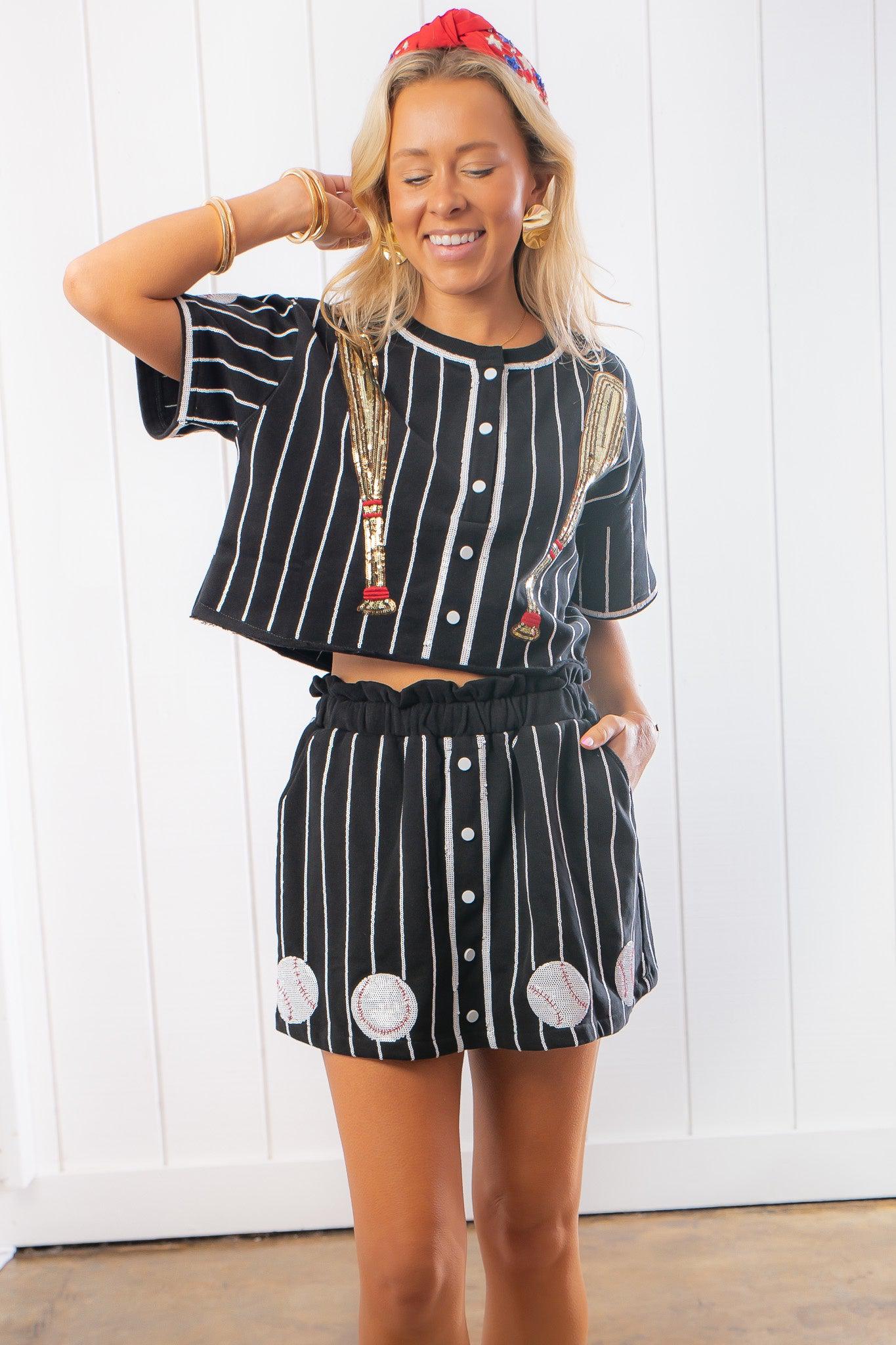 Queen of Sparkles Black &amp; White Baseball Pinstripe Button Up Top-Tops-Queen of Sparkles-L. Mae Boutique &amp; Wild Mabel Clothing