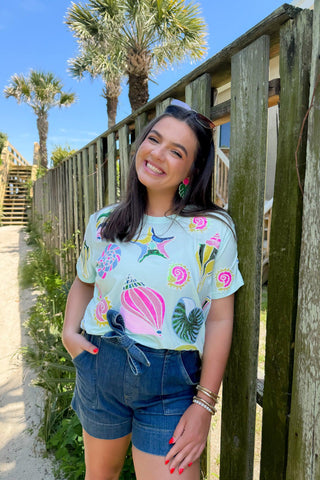 Queen of Sparkles Light Blue Sequin Seashell Tee-Tops-Queen of Sparkles-L. Mae Boutique & Wild Mabel Clothing