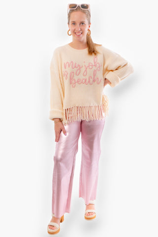 Queen of Sparkles My Job Is Beach Fringe Sweater-Queen of Sparkles-L. Mae Boutique