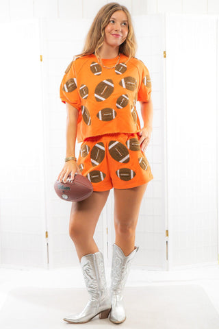 Queen of Sparkles Orange Fuzzy Football Shorts-Bottoms-Queen of Sparkles-L. Mae Boutique & Wild Mabel Clothing