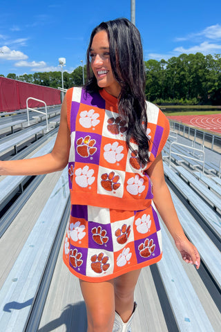 Queen of Sparkles Orange & Purple Checkered Clemson Tiger Tank-Tops-Clemson Gameday Outfit-L. Mae Boutique