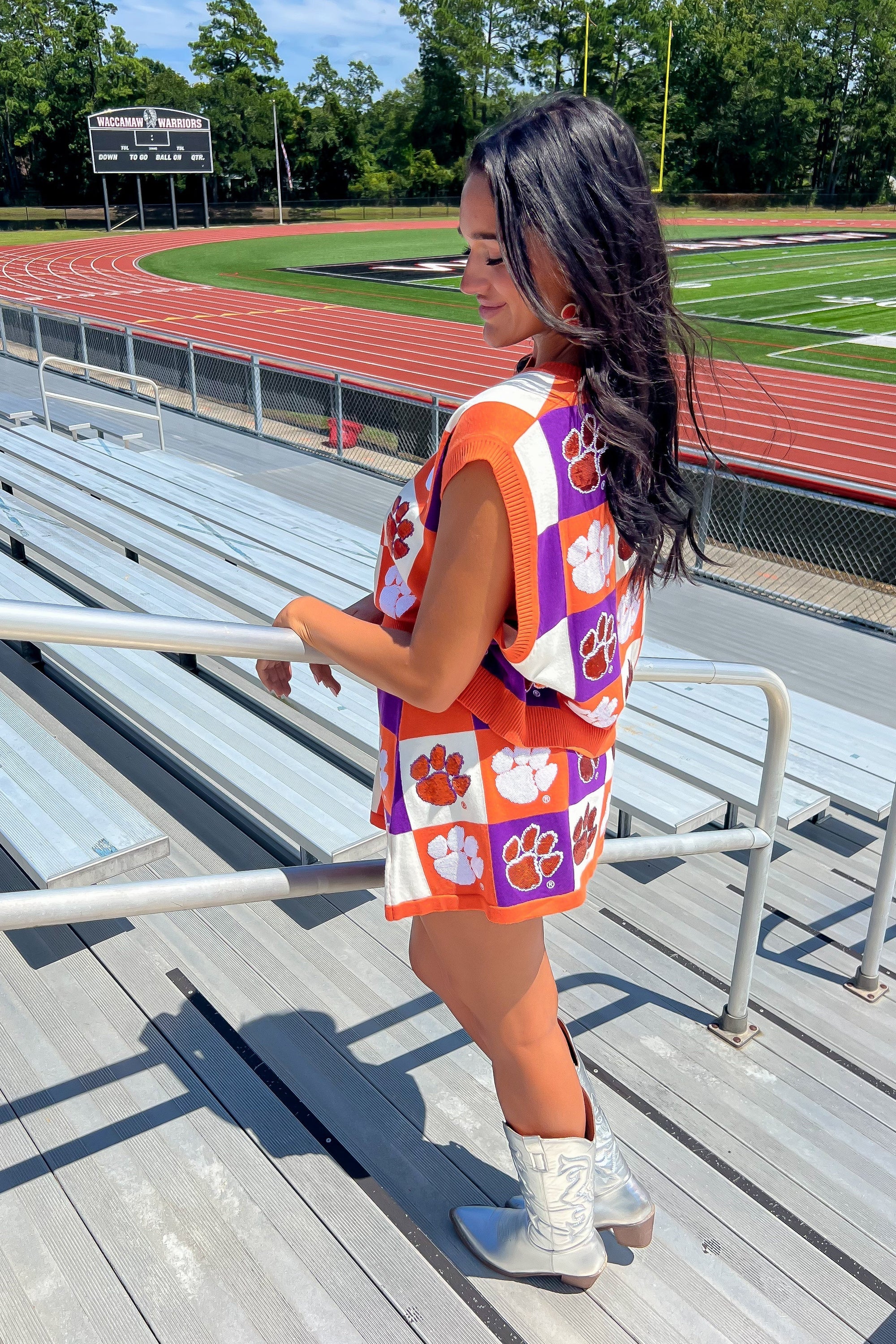 Queen of Sparkles Orange & Purple Checkered Clemson Tiger Tank-Tops-Queen of Sparkles-L. Mae Boutique & Wild Mabel Clothing