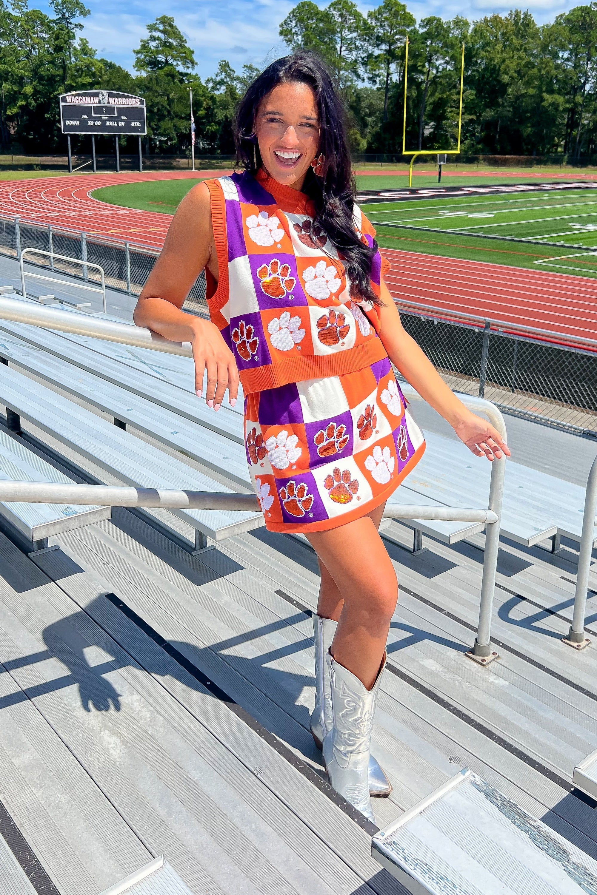 Queen of Sparkles Orange &amp; Purple Checkered Clemson Tiger Tank-Tops-Queen of Sparkles-L. Mae Boutique &amp; Wild Mabel Clothing