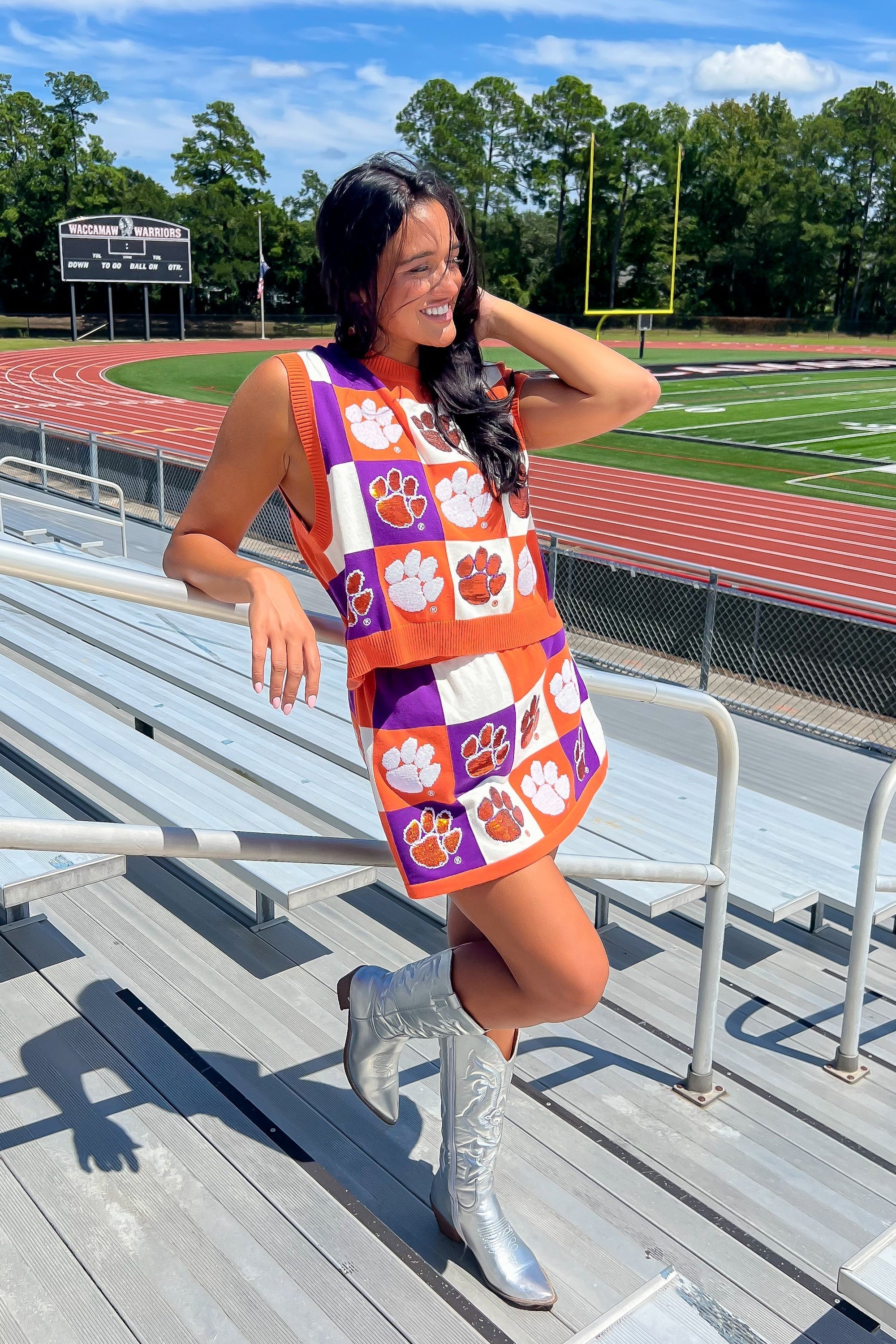 Queen of Sparkles Orange &amp; Purple Checkered Clemson Tiger Tank-Tops-Queen of Sparkles-L. Mae Boutique &amp; Wild Mabel Clothing