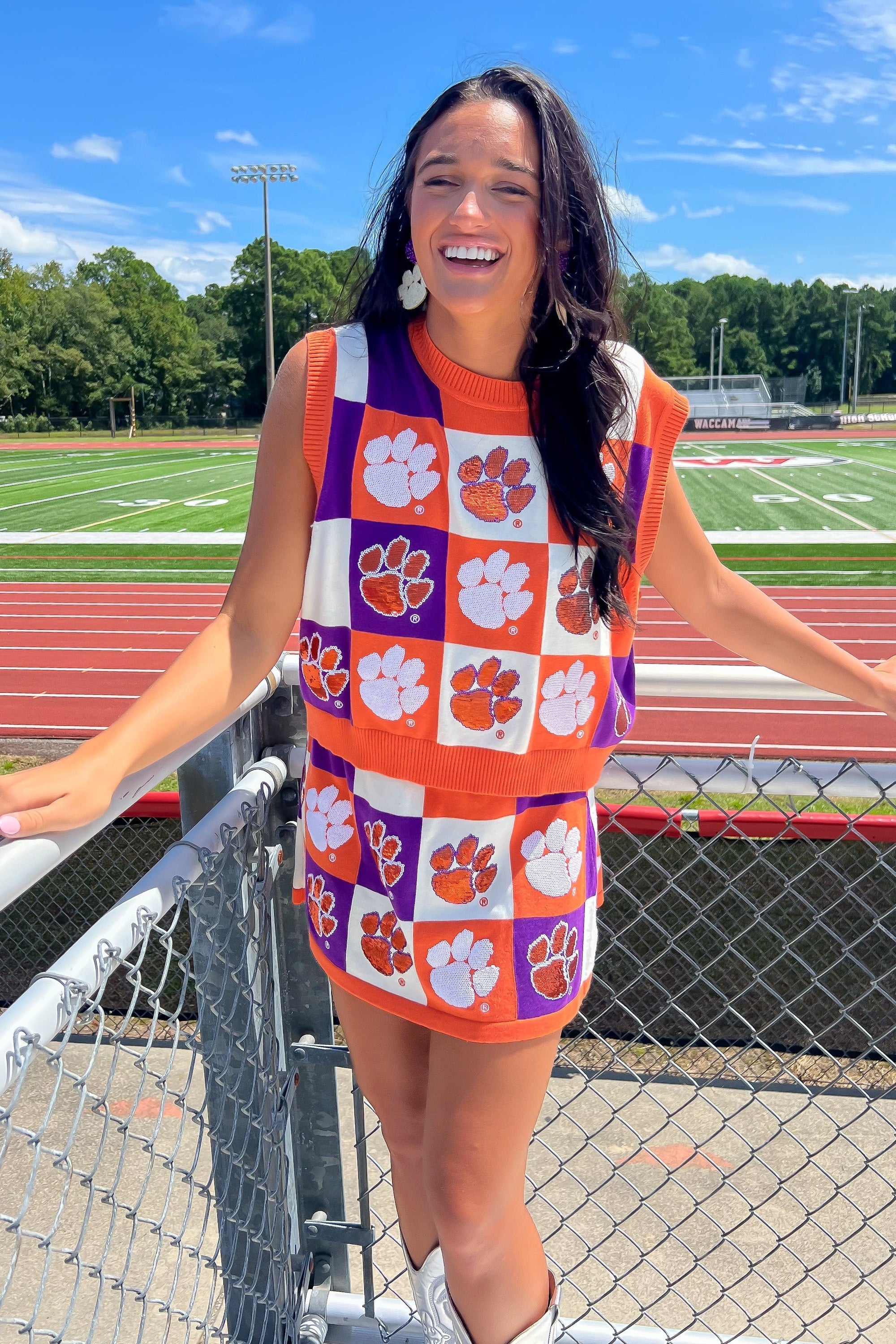 Queen of Sparkles Orange &amp; Purple Checkered Clemson Tiger Tank-Tops-Queen of Sparkles-L. Mae Boutique &amp; Wild Mabel Clothing