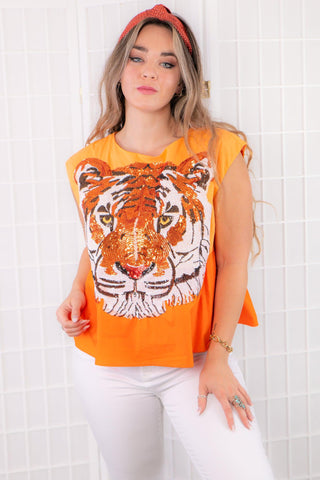 Queen of Sparkles Orange Tiger Head Tank-Tops-Queen of Sparkles-L. Mae Boutique & Wild Mabel Clothing