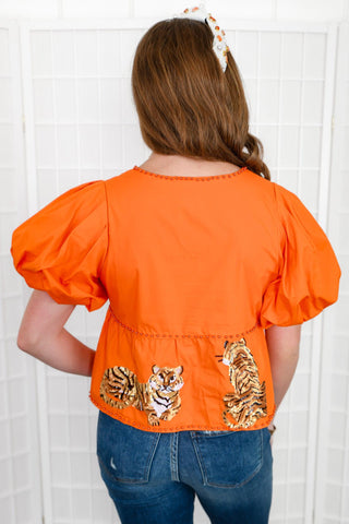Queen of Sparkles Orange Tiger Peplum Poof Sleeve Top-Queen of Sparkles-L. Mae Boutique