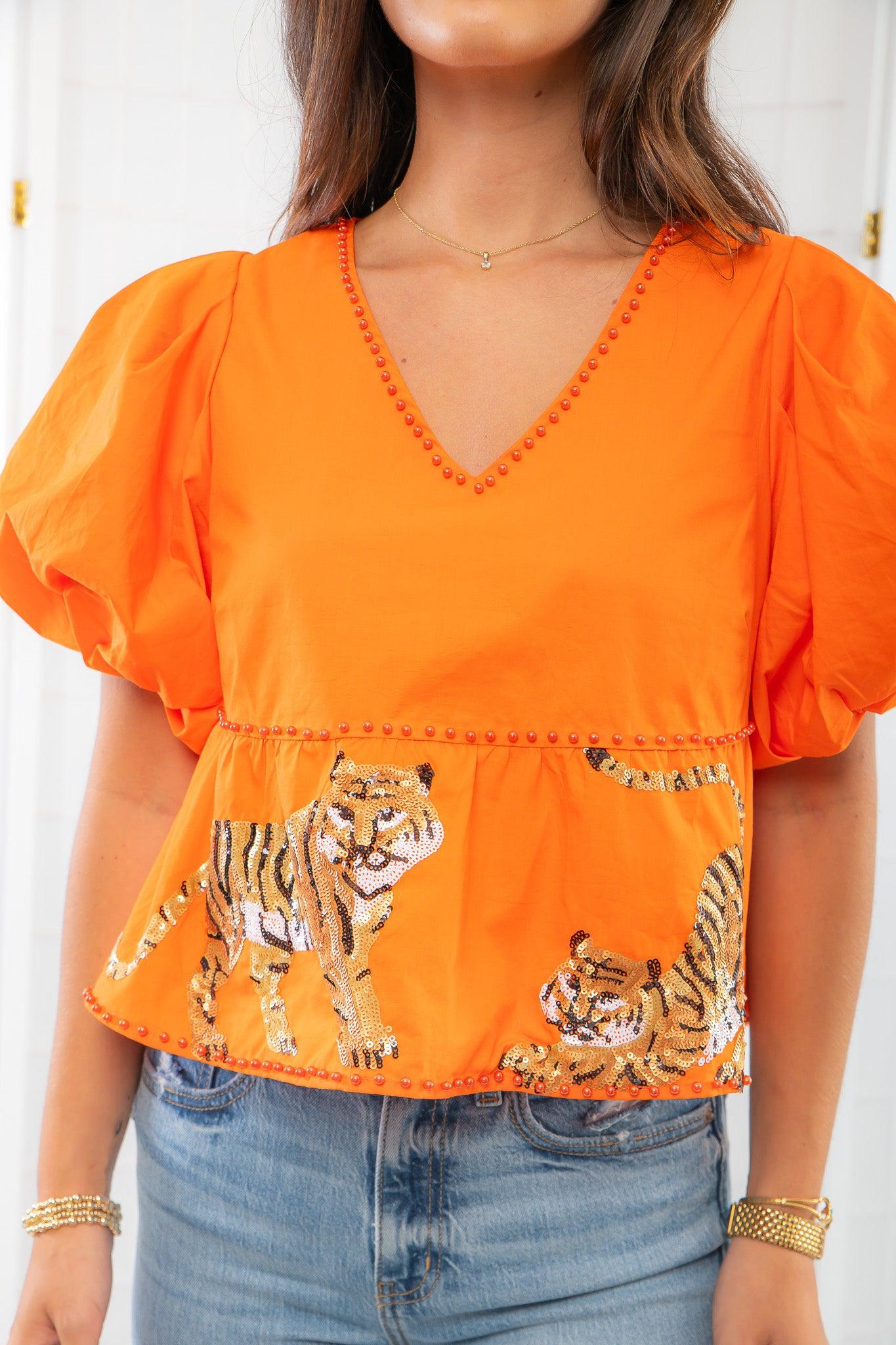 Queen of Sparkles Orange Tiger Peplum Poof Sleeve Top-Tops-Queen of Sparkles-L. Mae Boutique & Wild Mabel Clothing