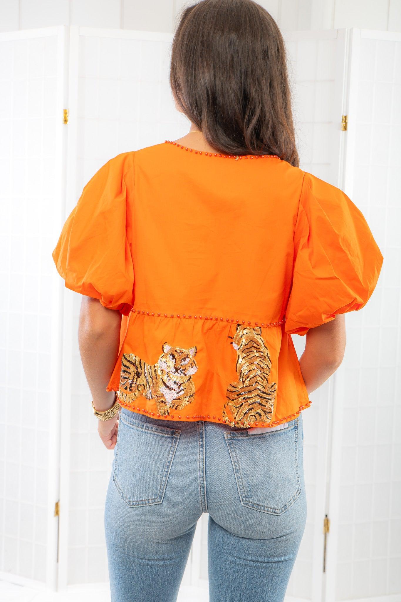 Queen of Sparkles Orange Tiger Peplum Poof Sleeve Top-Tops-Queen of Sparkles-L. Mae Boutique & Wild Mabel Clothing