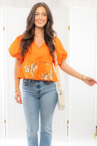 Queen of Sparkles Orange Tiger Peplum Poof Sleeve Top-Tops-Queen of Sparkles-L. Mae Boutique & Wild Mabel Clothing