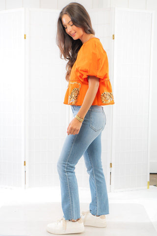 Queen of Sparkles Orange Tiger Peplum Poof Sleeve Top-Tops-Queen of Sparkles-L. Mae Boutique & Wild Mabel Clothing