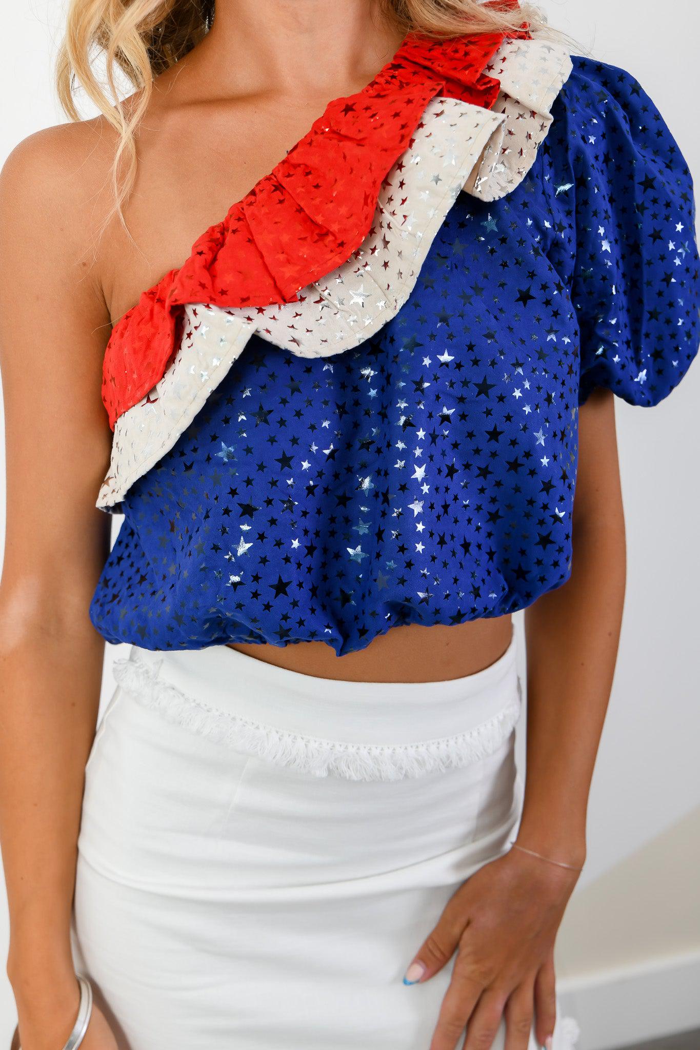 Queen of Sparkles Red, White, & Blue One Shoulder Star Top-Tops-Queen of Sparkles-L. Mae Boutique & Wild Mabel Clothing