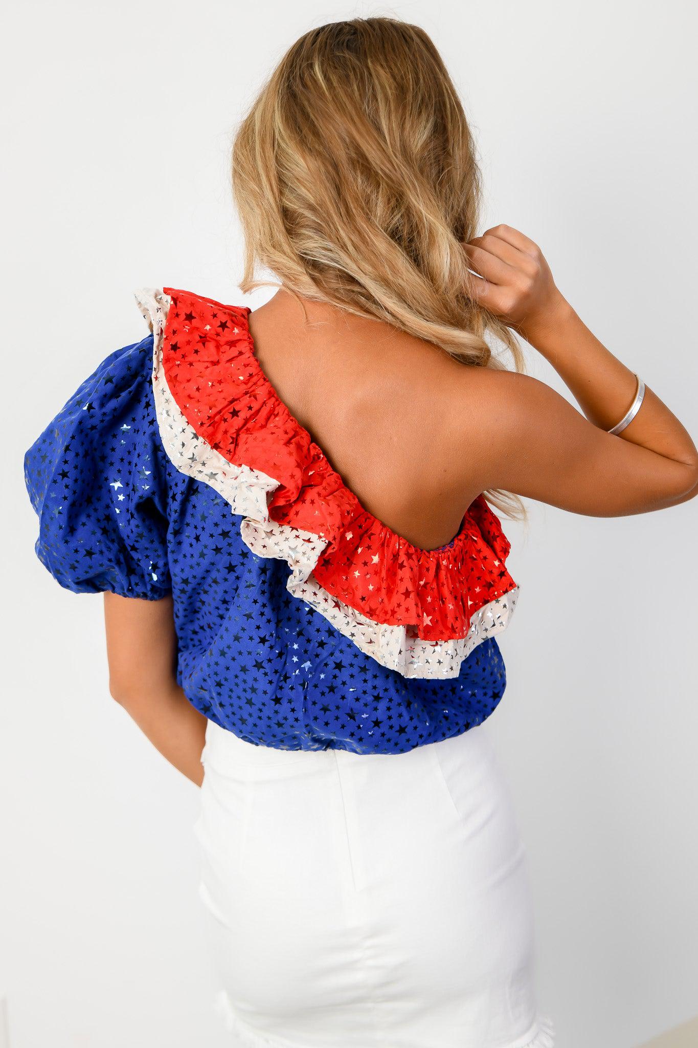 Queen of Sparkles Red, White, &amp; Blue One Shoulder Star Top-Tops-Queen of Sparkles-L. Mae Boutique &amp; Wild Mabel Clothing