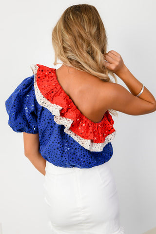 Queen of Sparkles Red, White, & Blue One Shoulder Star Top-Tops-Queen of Sparkles-L. Mae Boutique & Wild Mabel Clothing