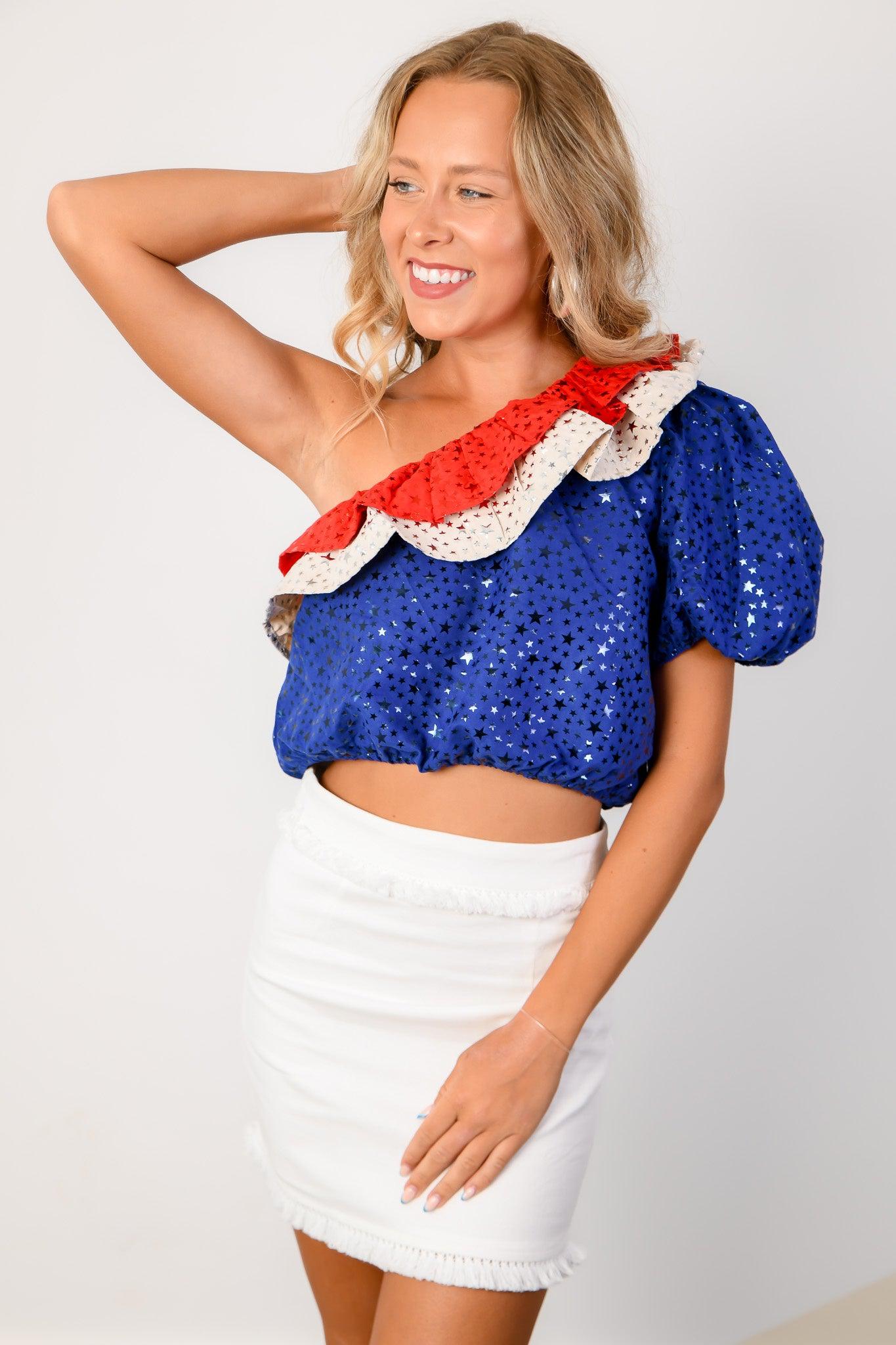 Queen of Sparkles Red, White, & Blue One Shoulder Star Top-Tops-Queen of Sparkles-L. Mae Boutique & Wild Mabel Clothing