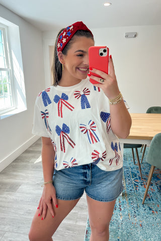 Queen of Sparkles Red, White, & Blue Scattered Bow Tee-Queen of Sparkles-L. Mae Boutique