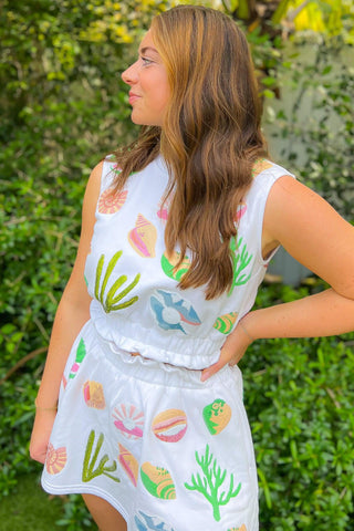 Queen of Sparkles Shells All Over White Tank Top-Tops-Queen of Sparkles-L. Mae Boutique & Wild Mabel Clothing