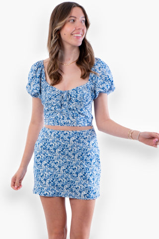 Rachel Blue Floral Mini Skirt-Le Lis-L. Mae Boutique