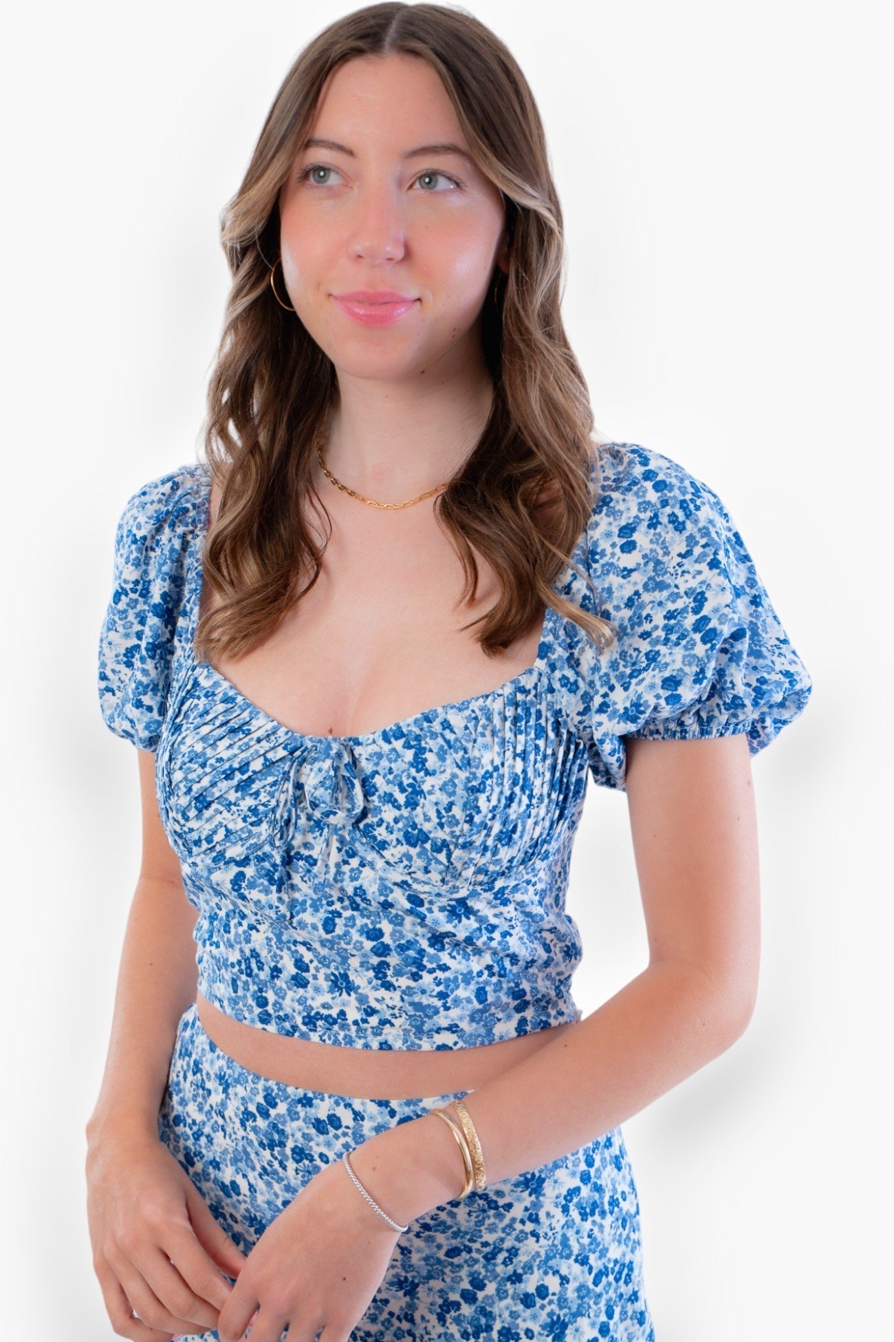 Rachel Blue Floral Puff Sleeve Crop Top-Tops-Le Lis-L. Mae Boutique & Wild Mabel Clothing