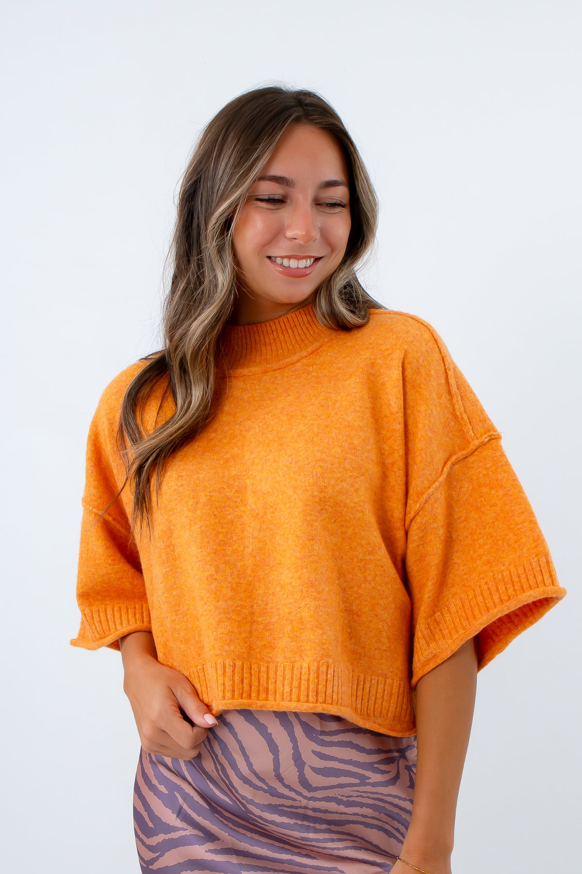 Cozy orange cropped sweater for fall layering, Boxy oversized short sleeve sweater for Clemson game day