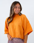 Cozy orange cropped sweater for fall layering, Boxy oversized short sleeve sweater for Clemson game day