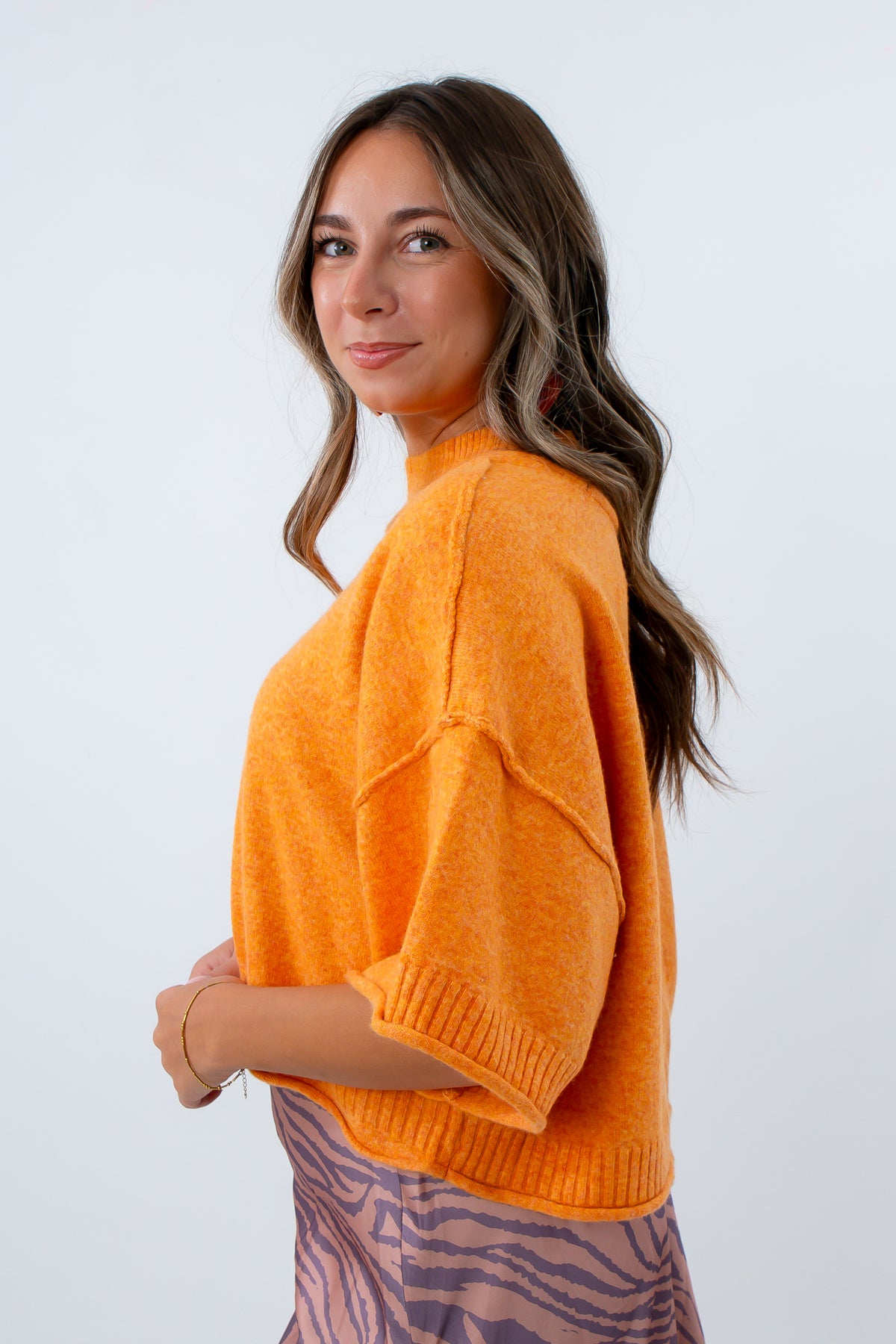 Vibrant heathered knit sweater with high neckline, Trendy yellow-orange fall sweater for women 