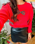 Red Christmas Bow Sweatshirt-Tops-WHY Dress-L. Mae Boutique & Wild Mabel Clothing