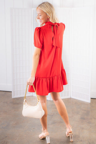 Red Hot Tie Neck Ruffle Mini Dress-Fate-L. Mae Boutique