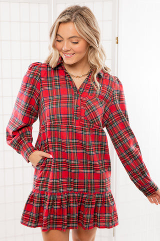 Red Plaid Tiered Mini Shirt Dress-Dresses-day + moon-L. Mae Boutique & Wild Mabel Clothing