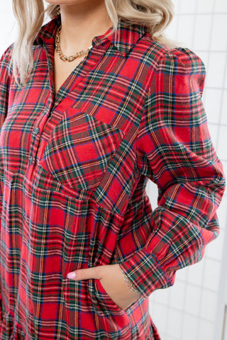 Red Plaid Tiered Mini Shirt Dress-Dresses-day + moon-L. Mae Boutique & Wild Mabel Clothing