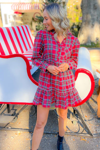 Red Plaid Tiered Mini Shirt Dress-Dresses-day + moon-L. Mae Boutique & Wild Mabel Clothing