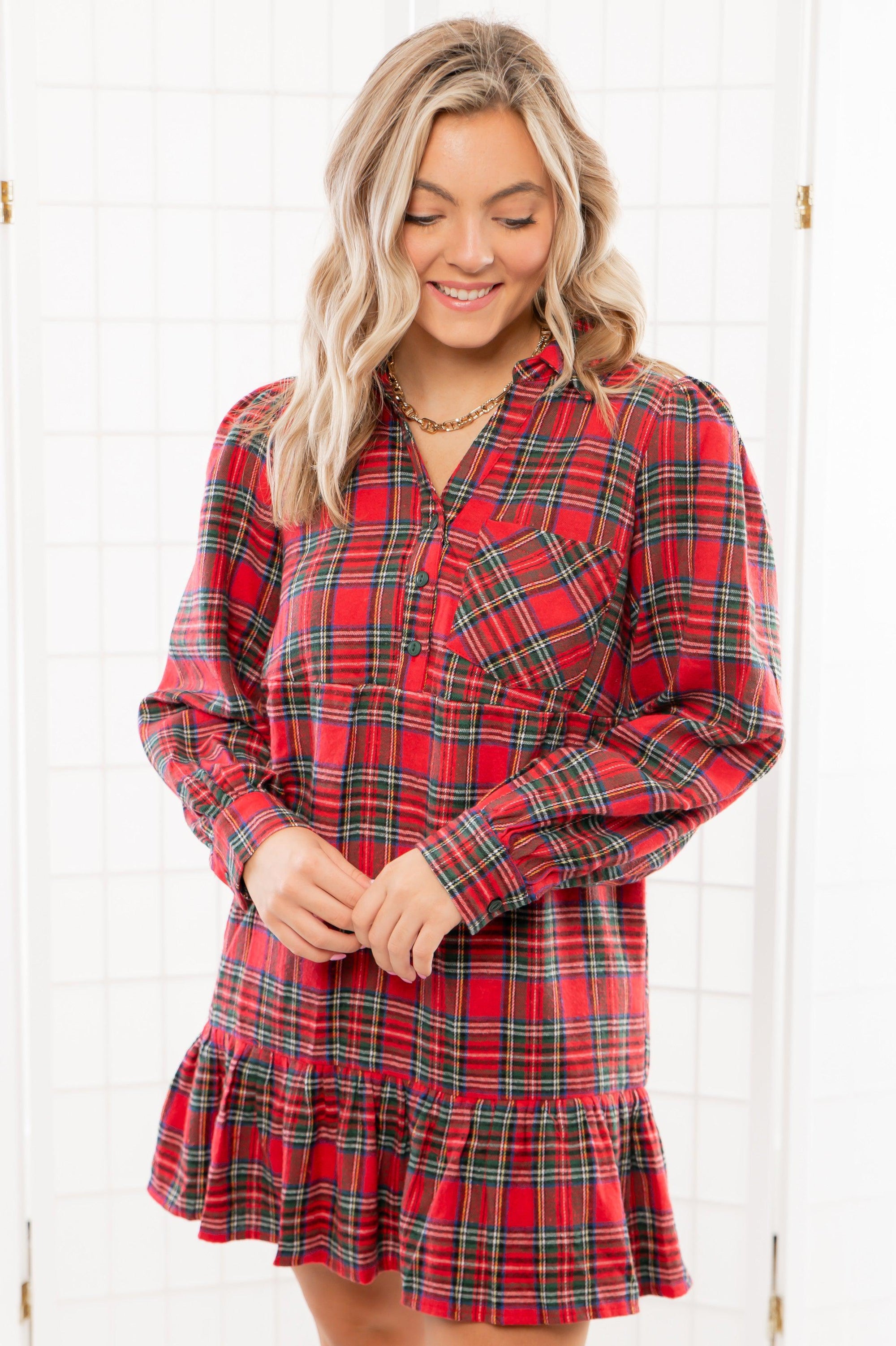 Red Plaid Tiered Mini Shirt Dress-Dresses-day + moon-L. Mae Boutique &amp; Wild Mabel Clothing