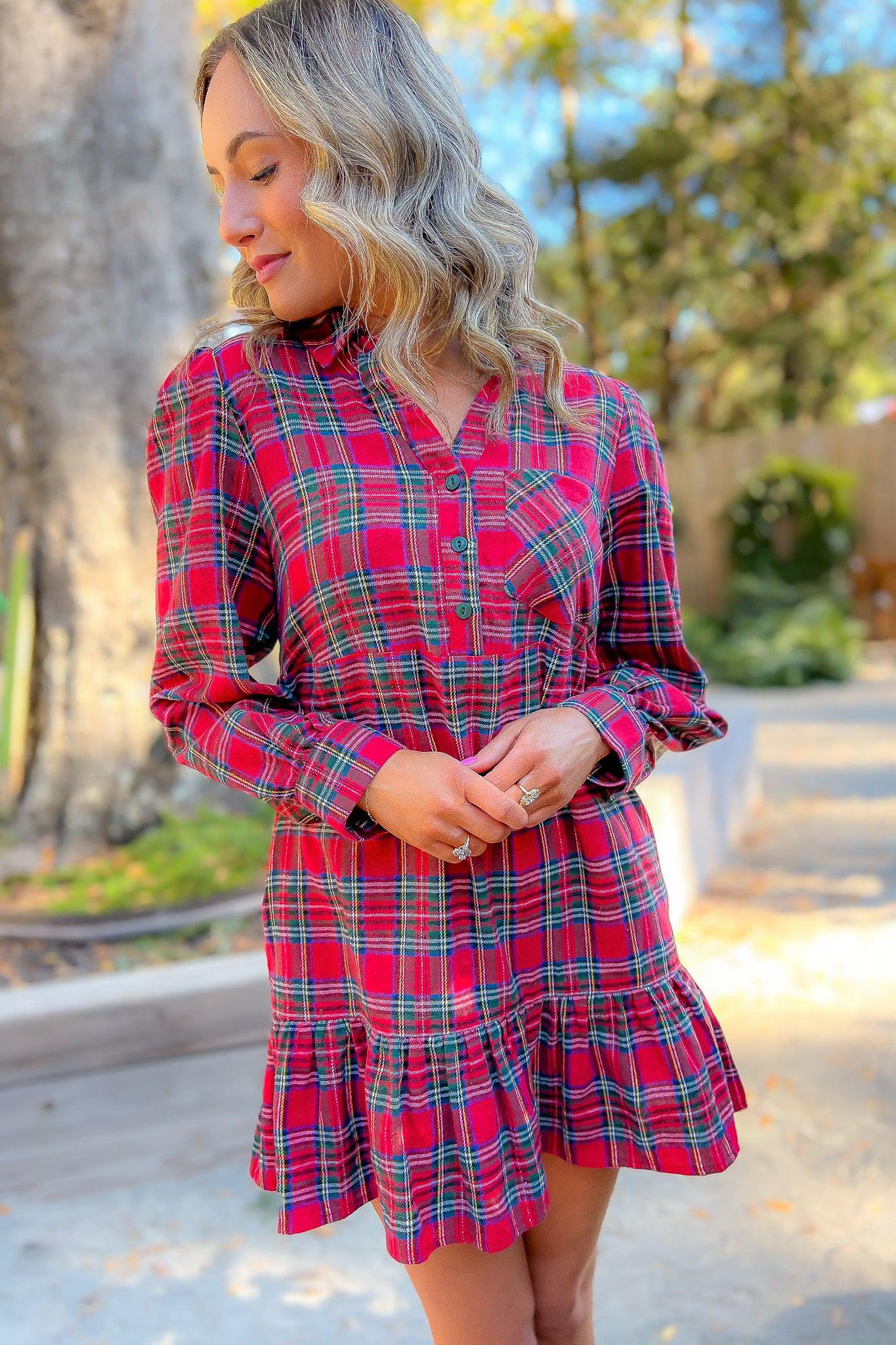 Red Plaid Tiered Mini Shirt Dress-Dresses-day + moon-L. Mae Boutique & Wild Mabel Clothing