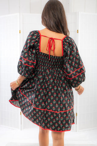 Red Riding Black Rose Print Babydoll Dress-Entro-L. Mae Boutique