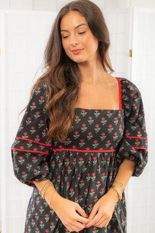 Red Riding Black Rose Print Babydoll Dress-Entro-L. Mae Boutique